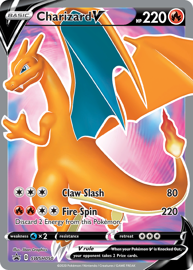 charizard with trainer pokemon card Charizard V 2020 Pokemon Sword & Shield Promos Black Star Full Art Holo #SWSH050 GMA Authenticated 9 Card
